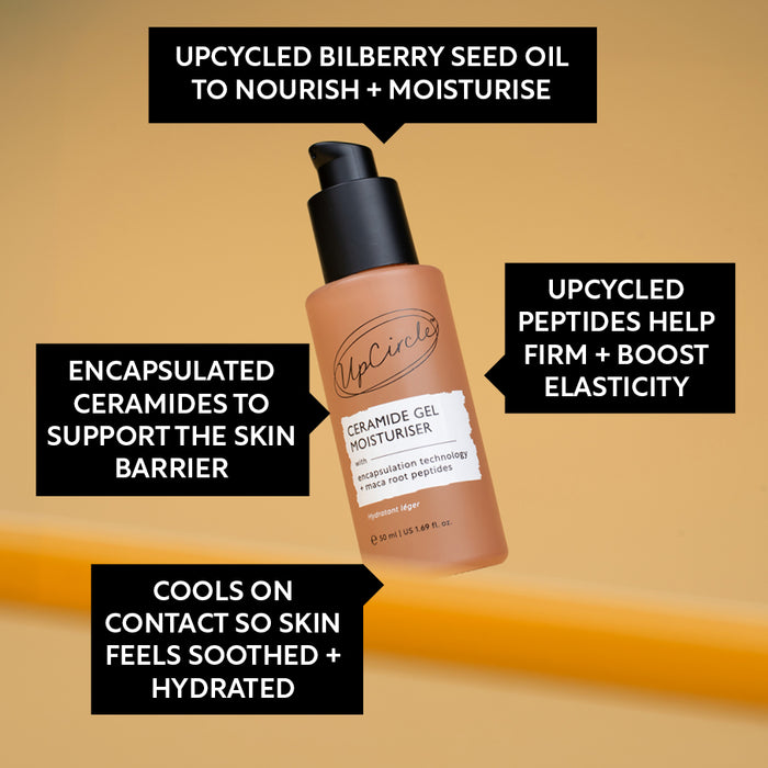 small product image-5,Ceramide Gel Moisturiser benefits: cools on contact so skin feels soothed and hydrated, encapsulated ceramides support the skin barrier, upcycled peptides help firm and boost elasticity, upcycled bilberry seed oil to nourish and moisturise
