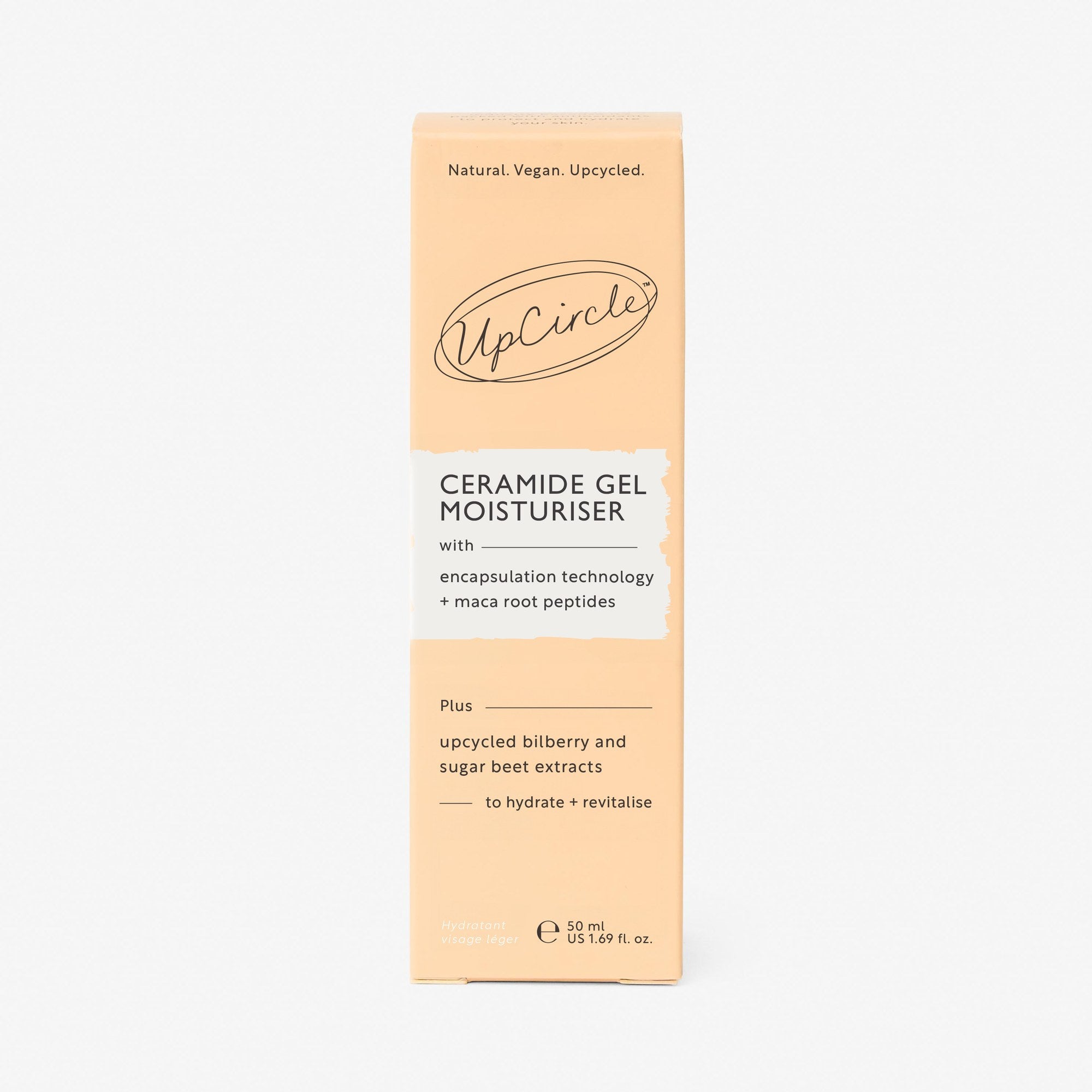 UpCircle Ceramide Gel Moisturiser 50ml outer carton, natural vegan upcycled, with encapsulation technology and maca root peptides