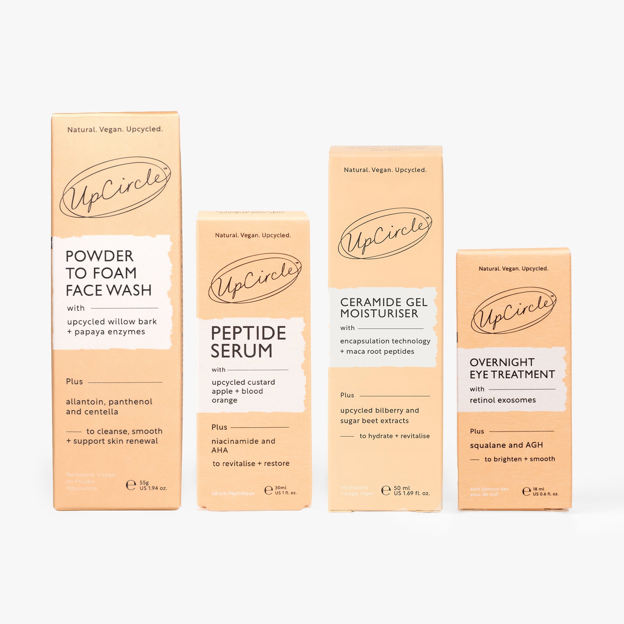 The Menopause Skin Set outer boxes: Powder to Foam Face Wash, Peptide Serum, Ceramide Gel Moisturiser and Overnight Eye Treatment