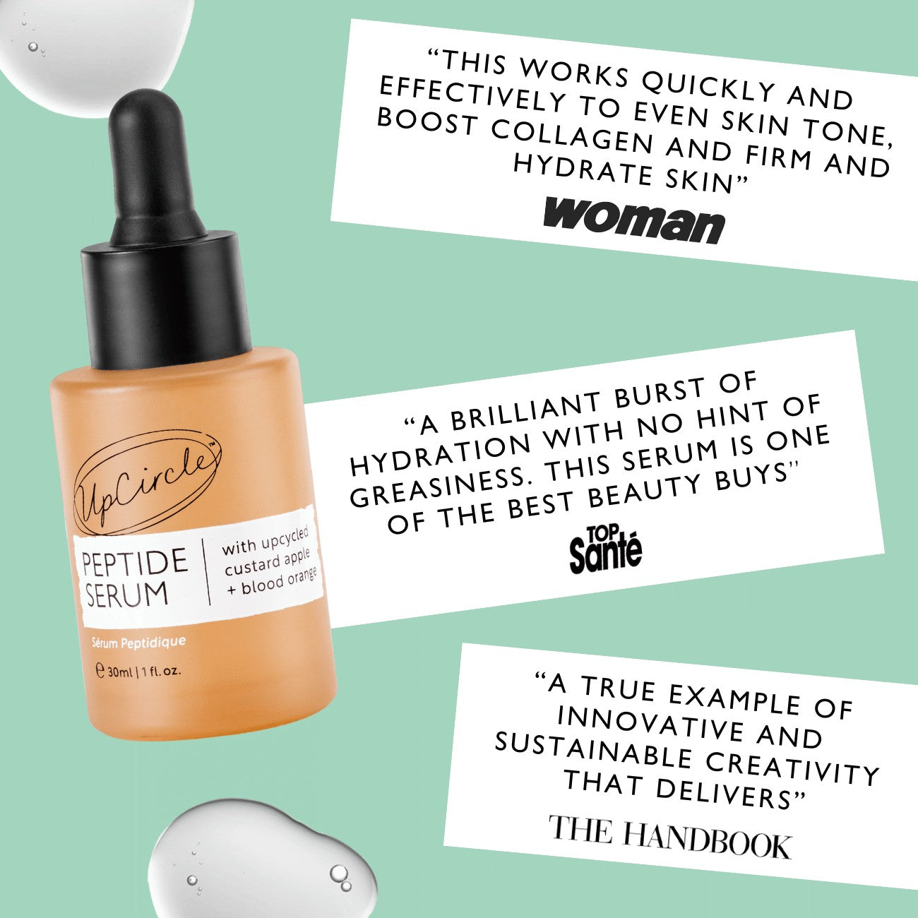 Peptide Serum press quotes from Woman, Top Sante and The Handbook